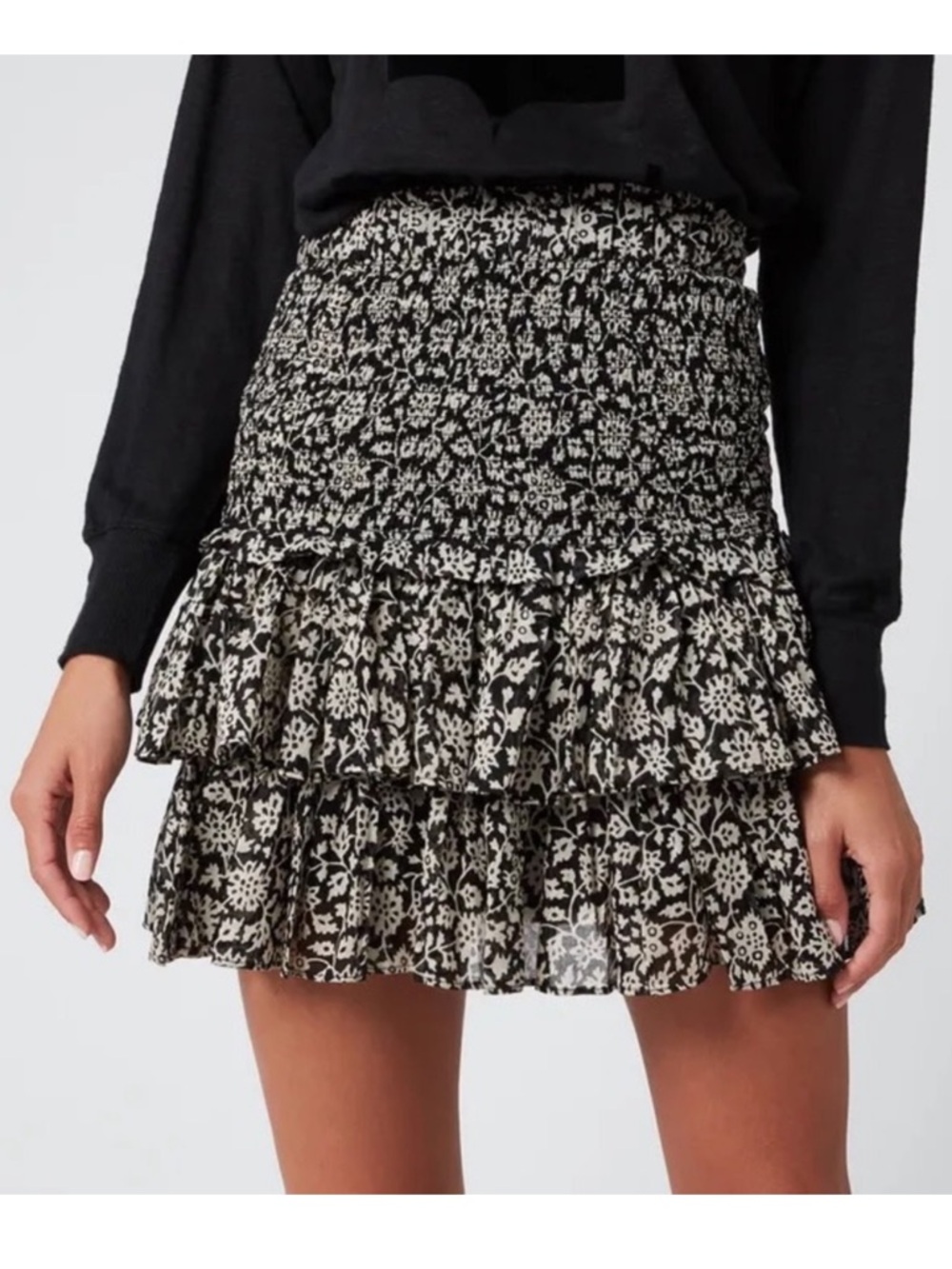 Isabel Marant Étoile Naomi Black Floral Tiered Mini Skirt Smocked Ruffle 34 S